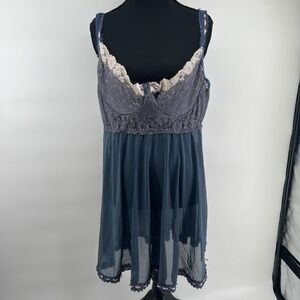 Coquette Diva Dusty Blue Lace Mesh Babydoll Chemise Lingerie 1X 2X